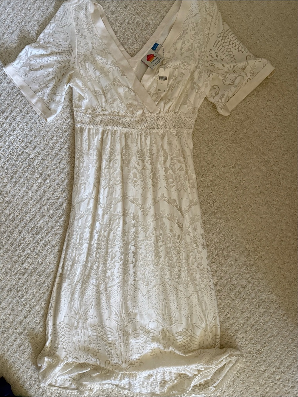 FARM Rio White V-Neck Lace-Pattern Midi Dress